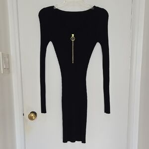 Black Ribbed Long-Sleeve Zip-Front Bodycon Dress
